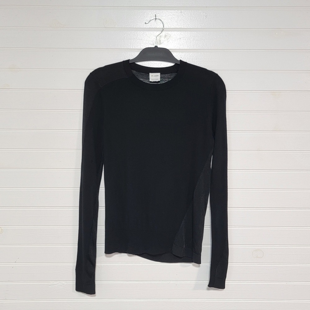 St John Women Black Wool Viscose Panel Knit Long Sleeve Crewneck Sweater *Flaw*